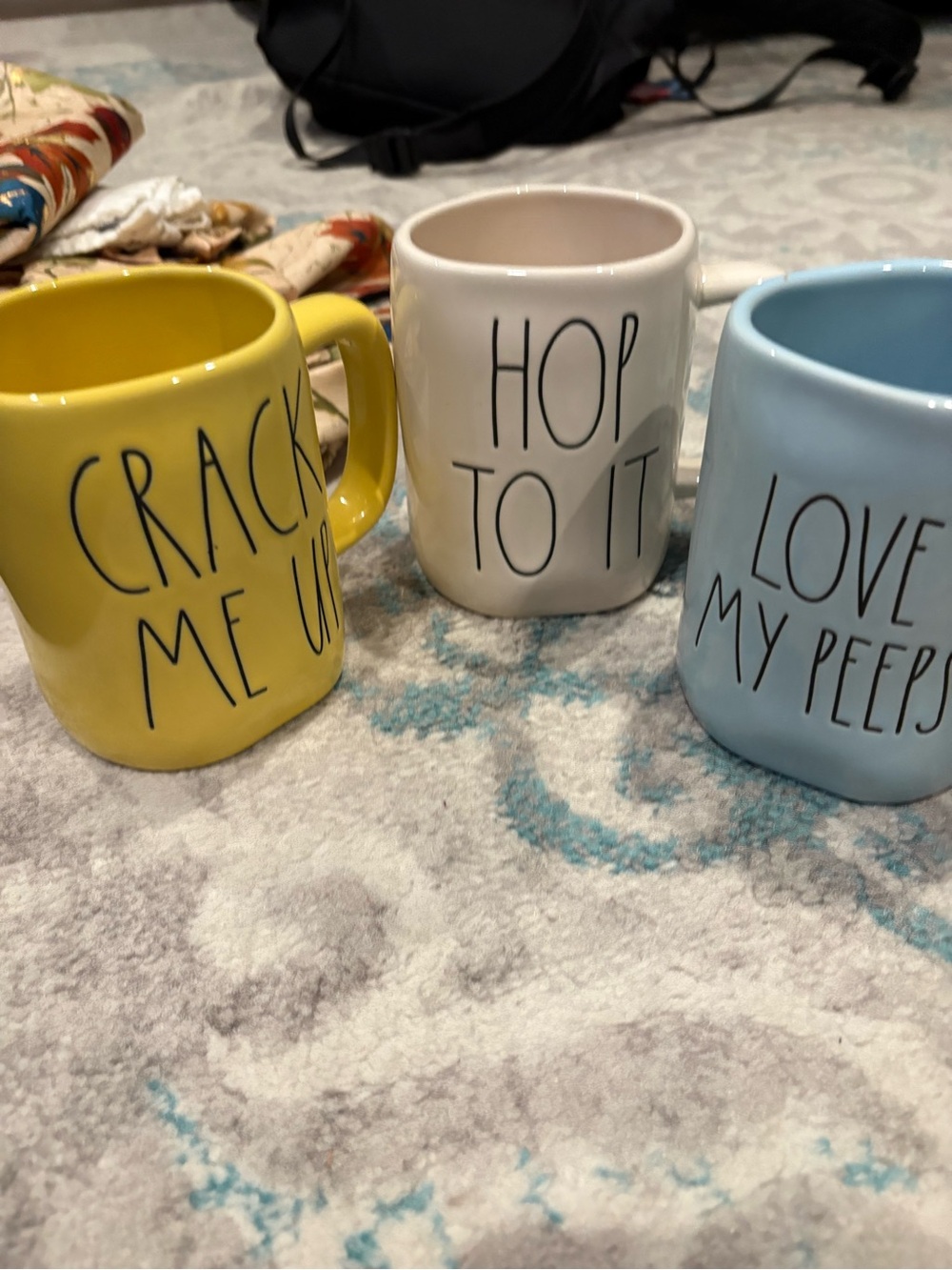 Rae Dunn Yellow, Cream & Light Blue Phrase Mug Trio Easter Mugs
